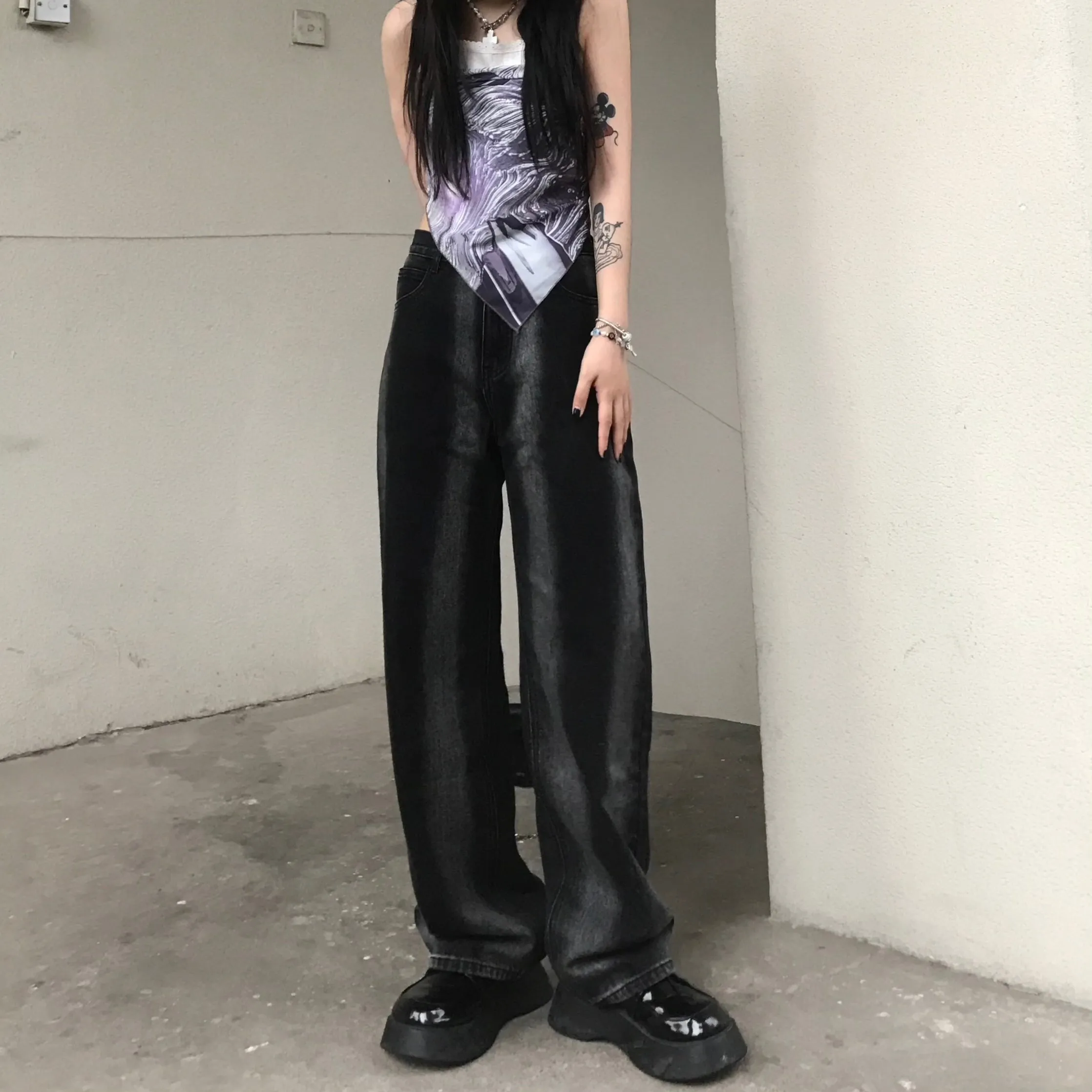 Black Retro Tie Dye Lines High Waist Loose Denim Pants