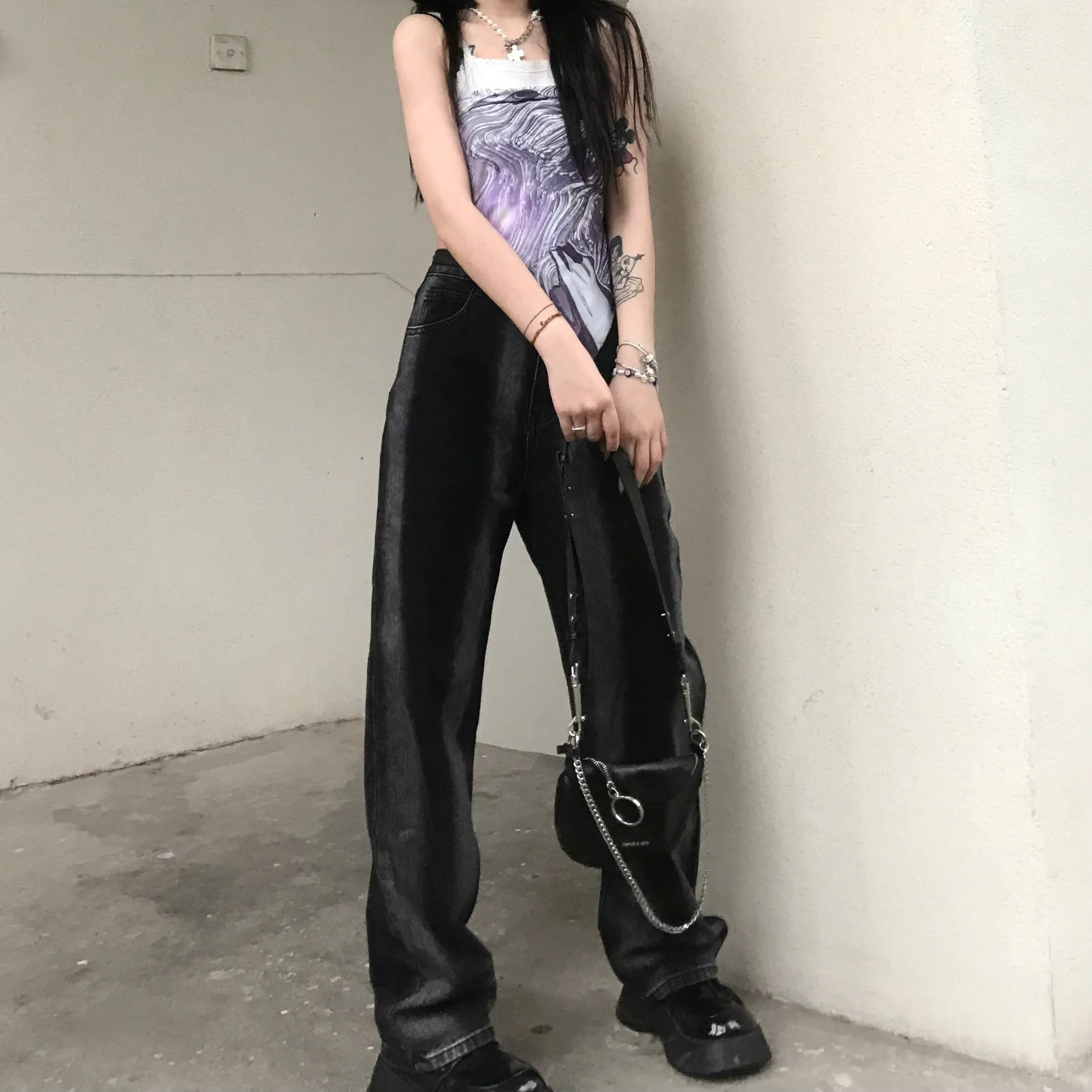 Black Retro Tie Dye Lines High Waist Loose Denim Pants