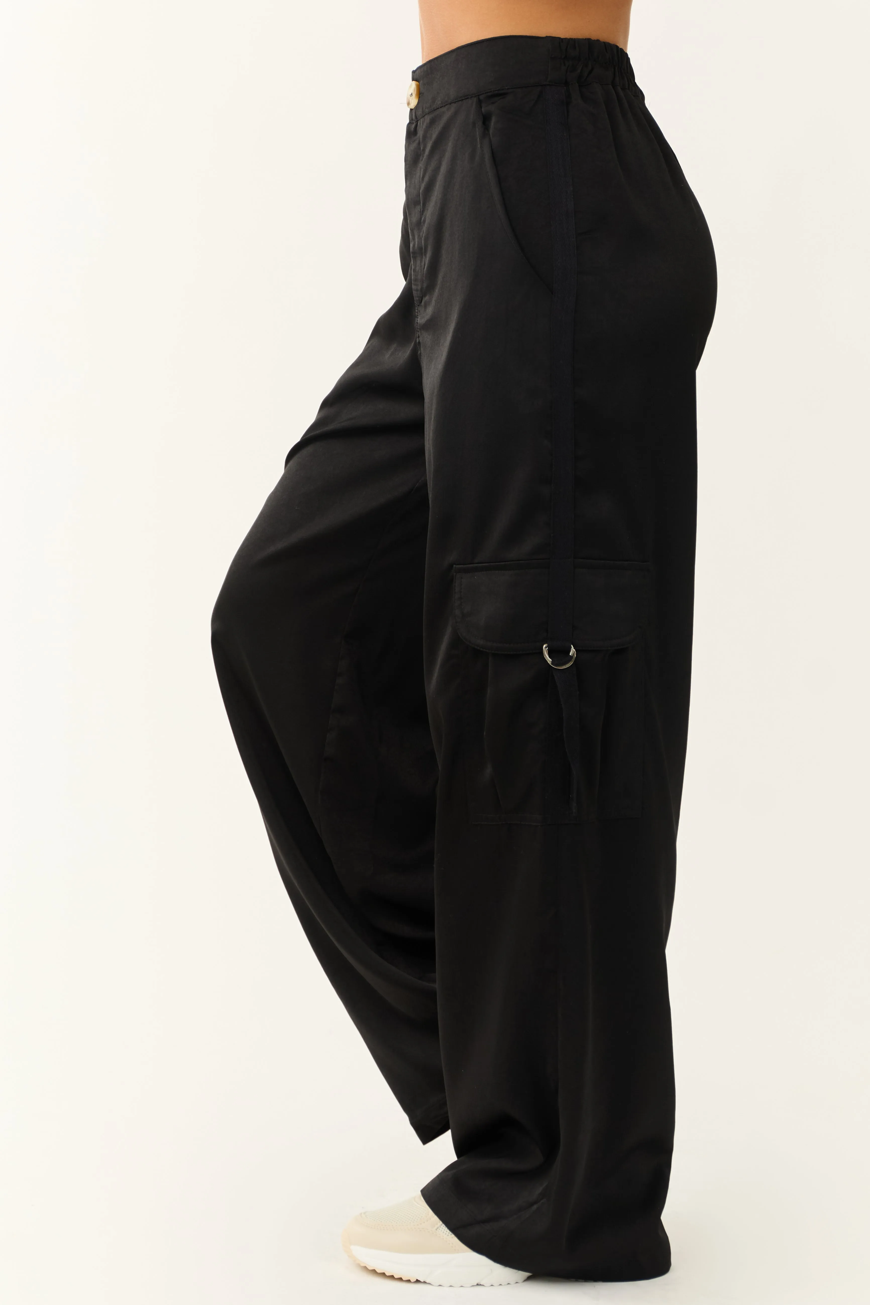 Black Wide Leg Strapped Cargo Pocket Pants