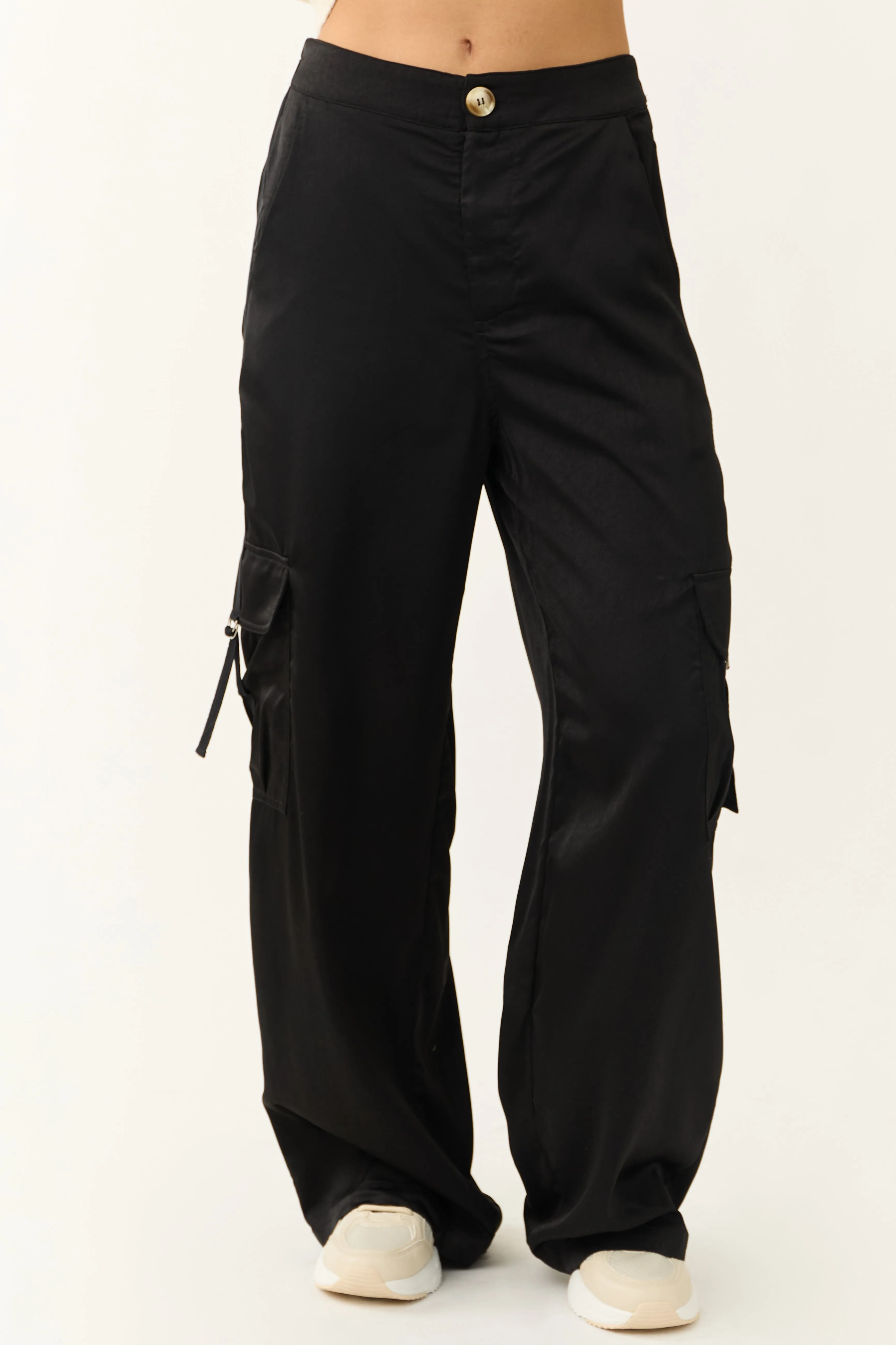 Black Wide Leg Strapped Cargo Pocket Pants