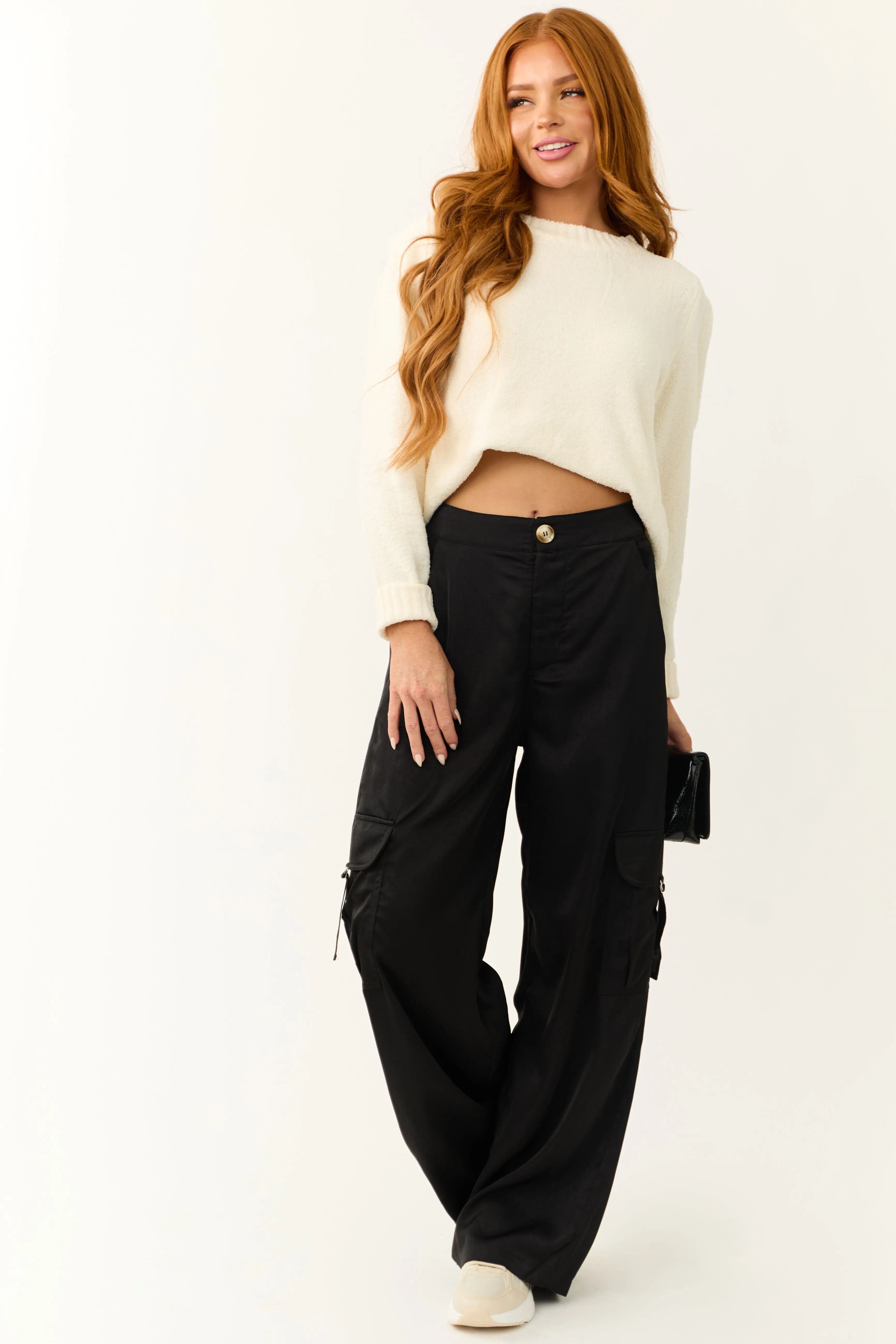 Black Wide Leg Strapped Cargo Pocket Pants