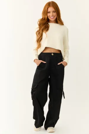 Black Wide Leg Strapped Cargo Pocket Pants