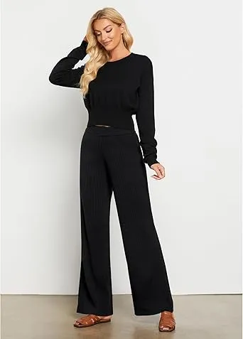 Black Women's Casual Elastic Waist Full Length High Waisted Relaxed Fit Stretch Wide Leg Pants in Acrylic Fibers