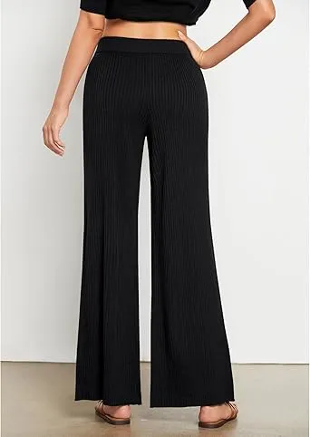 Black Women's Casual Elastic Waist Full Length High Waisted Relaxed Fit Stretch Wide Leg Pants in Acrylic Fibers