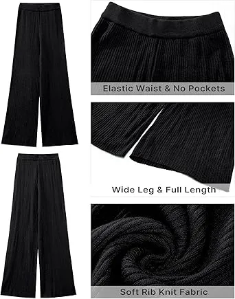 Black Women's Casual Elastic Waist Full Length High Waisted Relaxed Fit Stretch Wide Leg Pants in Acrylic Fibers