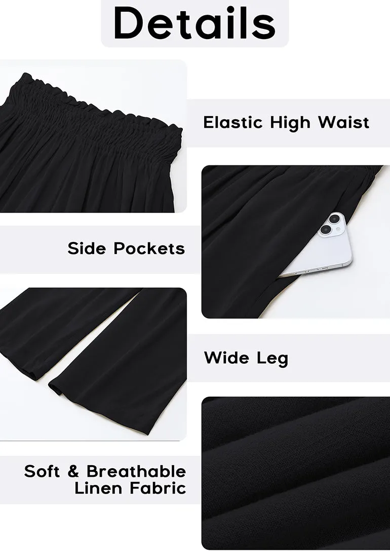 Black Women's High Waisted Wide Leg Elastic Waist Linen Palazzo Pants Pull On Smock Waist Baggy Fit Trousers