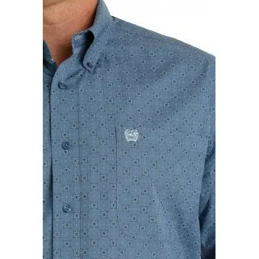 BOY'S CINCH MATCH DAD GEOMETRIC PRINT BUTTON-DOWN WESTERN SHIRT - BLUE