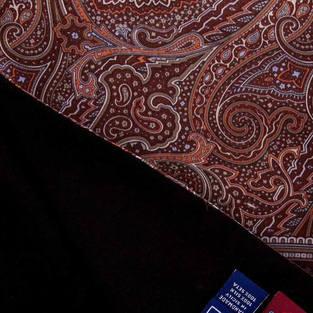 Brown Ornamental Paisley Satin Silk Scarf with Black Zegna Cashmere