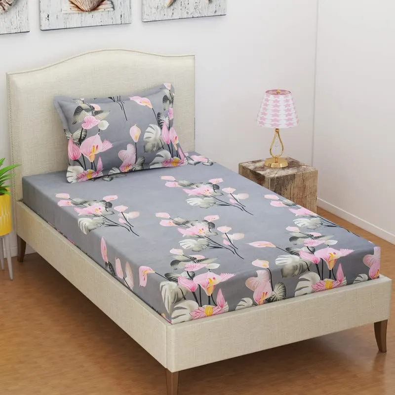 BSB HOME Premium Cotton Feel Single Bedsheet with One Pillow Cover for Coat/Diwan/ 4x6 Bed 180 Tc (152 x 228 cm, Grey & Pink Flower)