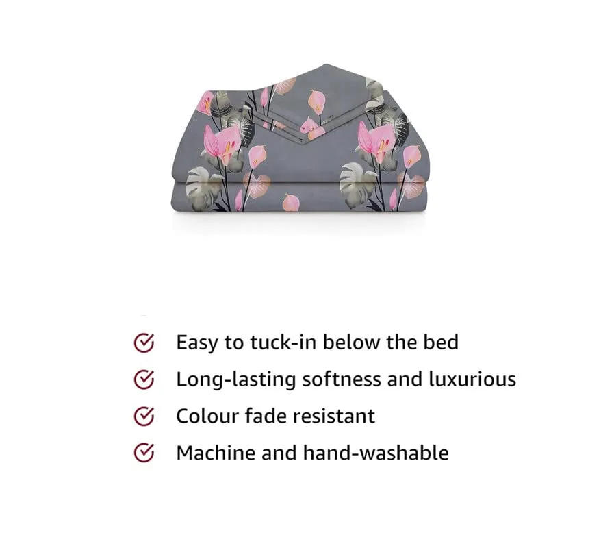 BSB HOME Premium Cotton Feel Single Bedsheet with One Pillow Cover for Coat/Diwan/ 4x6 Bed 180 Tc (152 x 228 cm, Grey & Pink Flower)