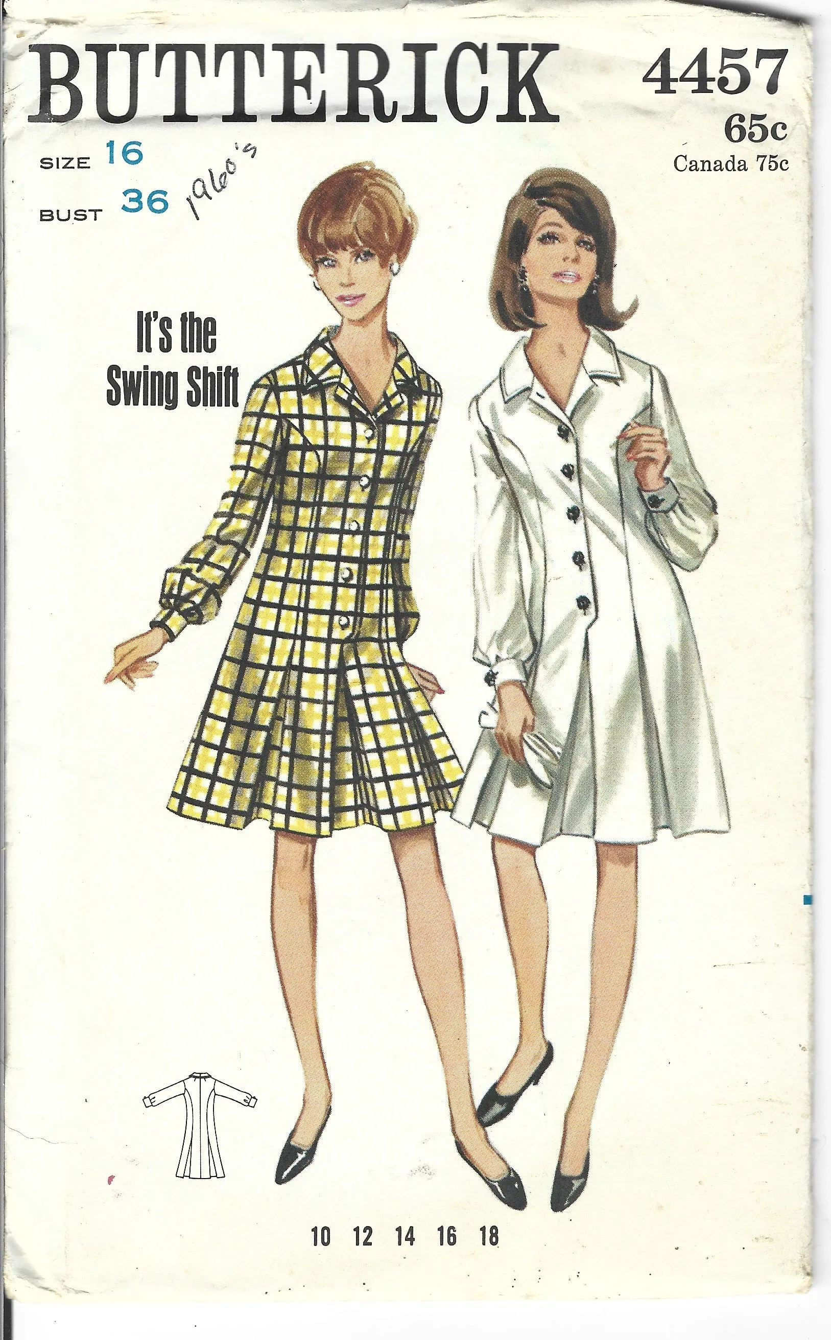 Butterick 4457 Shirtwaist One Piece Dress Vintage Sewing Pattern 1960s