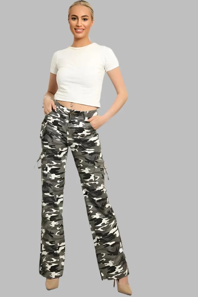 Camouflage Print Denim Cargo Trousers