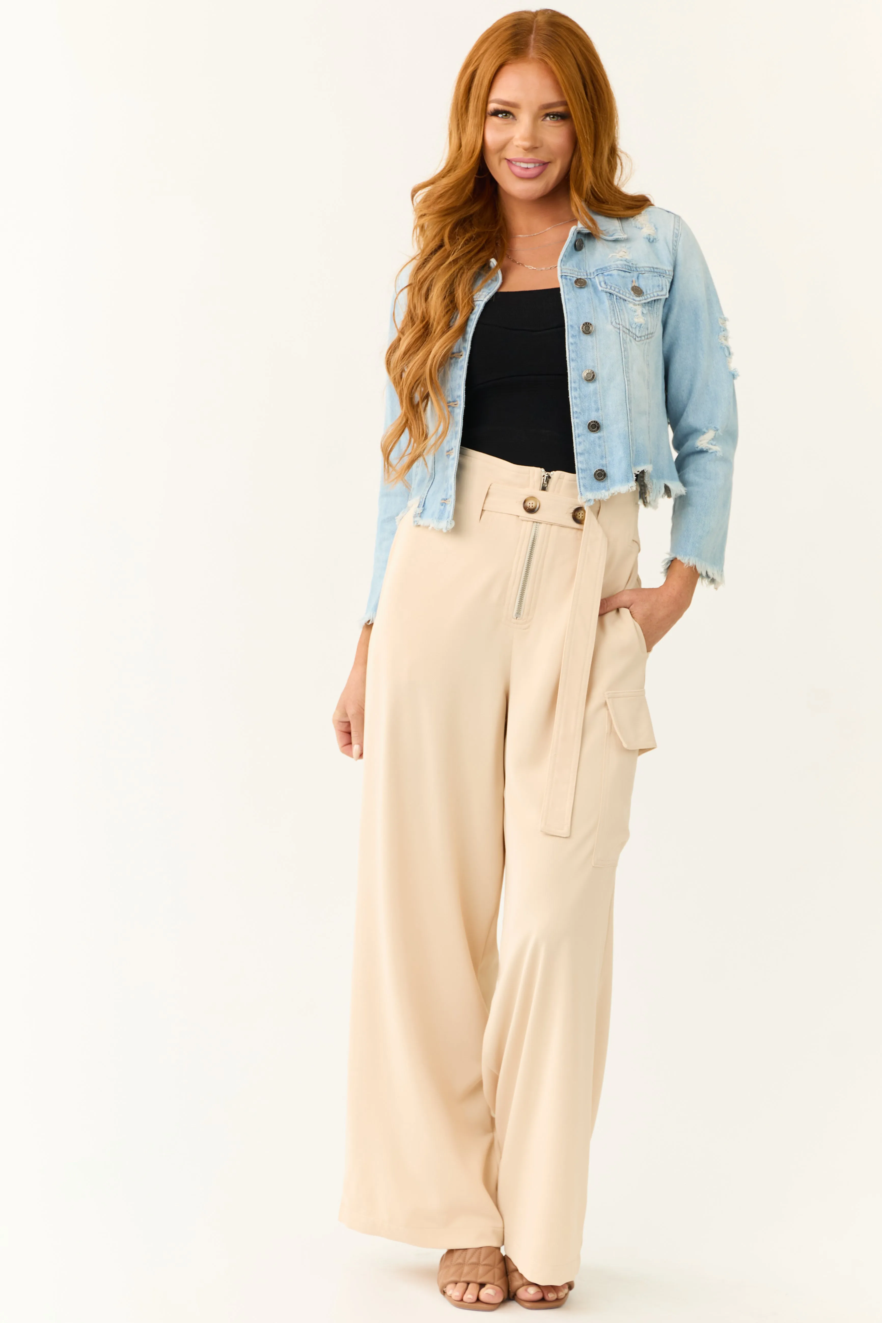 Champagne Belted High Waist Wide Leg Pants