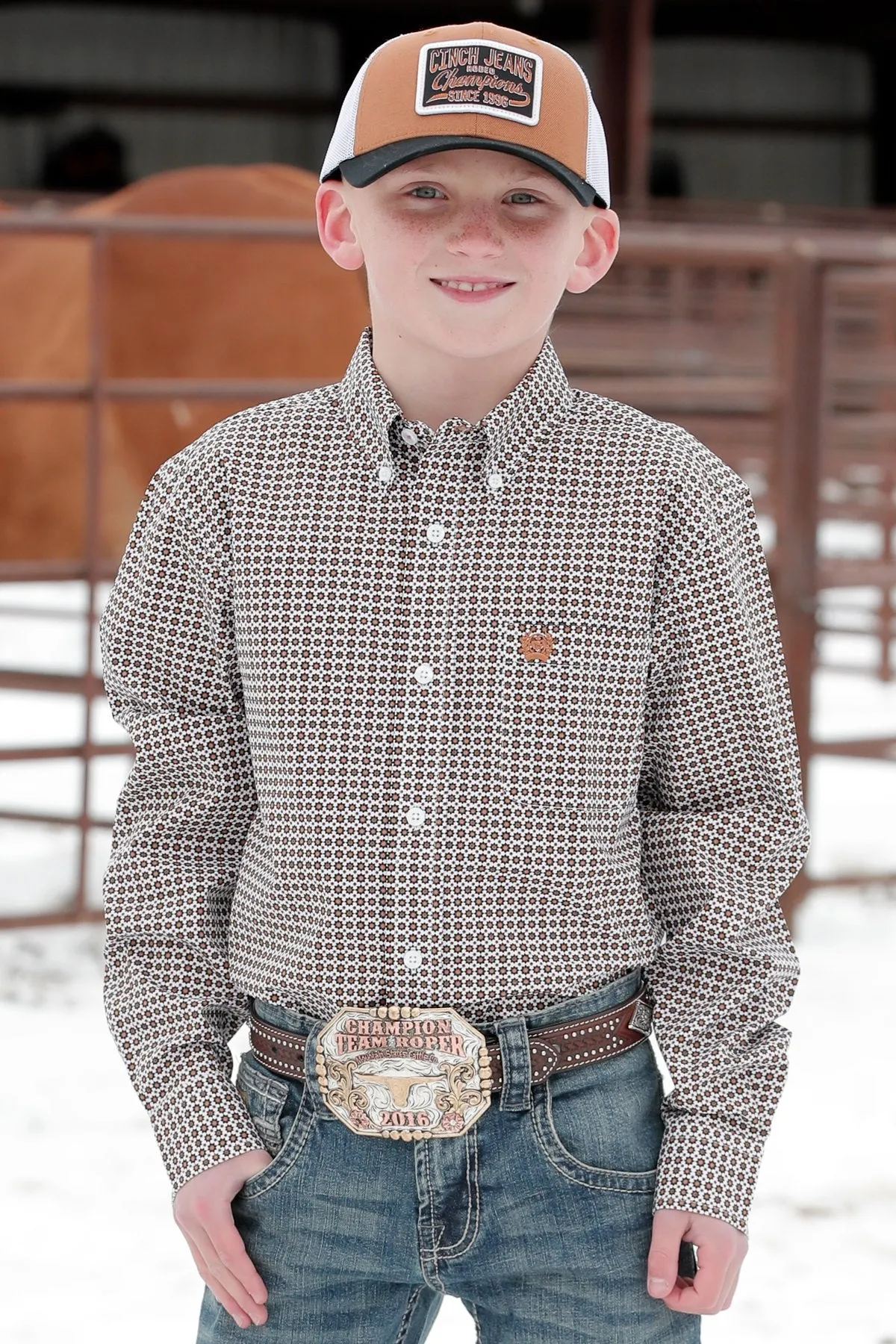 Cinch Boy's White Geometric Print Button Down Western Shirt