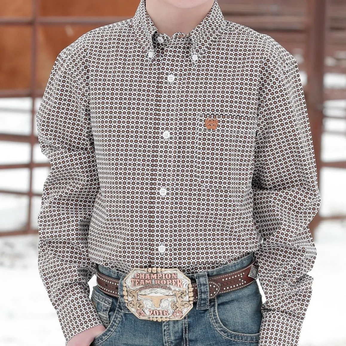 Cinch Boy's White Geometric Print Button Down Western Shirt