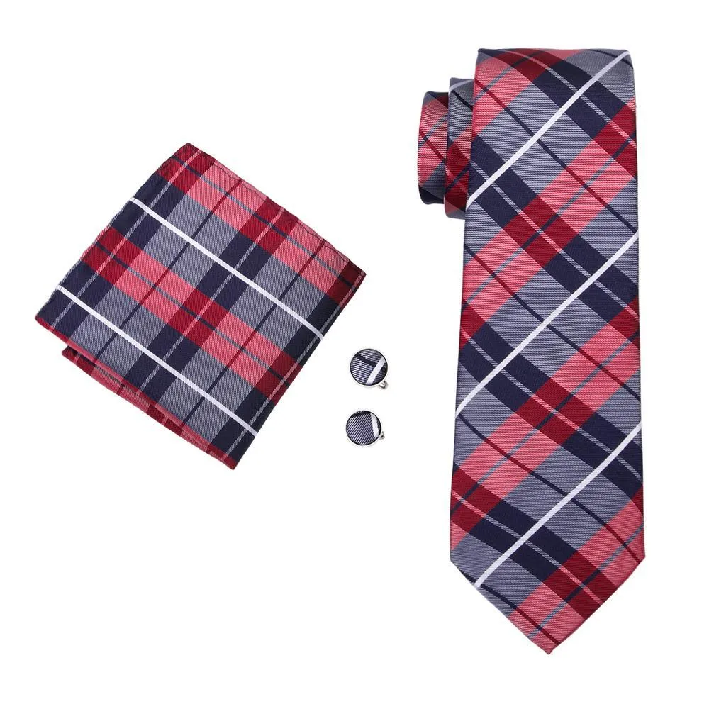 Classic Campus Style Blue Red Plaid Men's Tie Pocket Square Cufflinks Gift Box Set