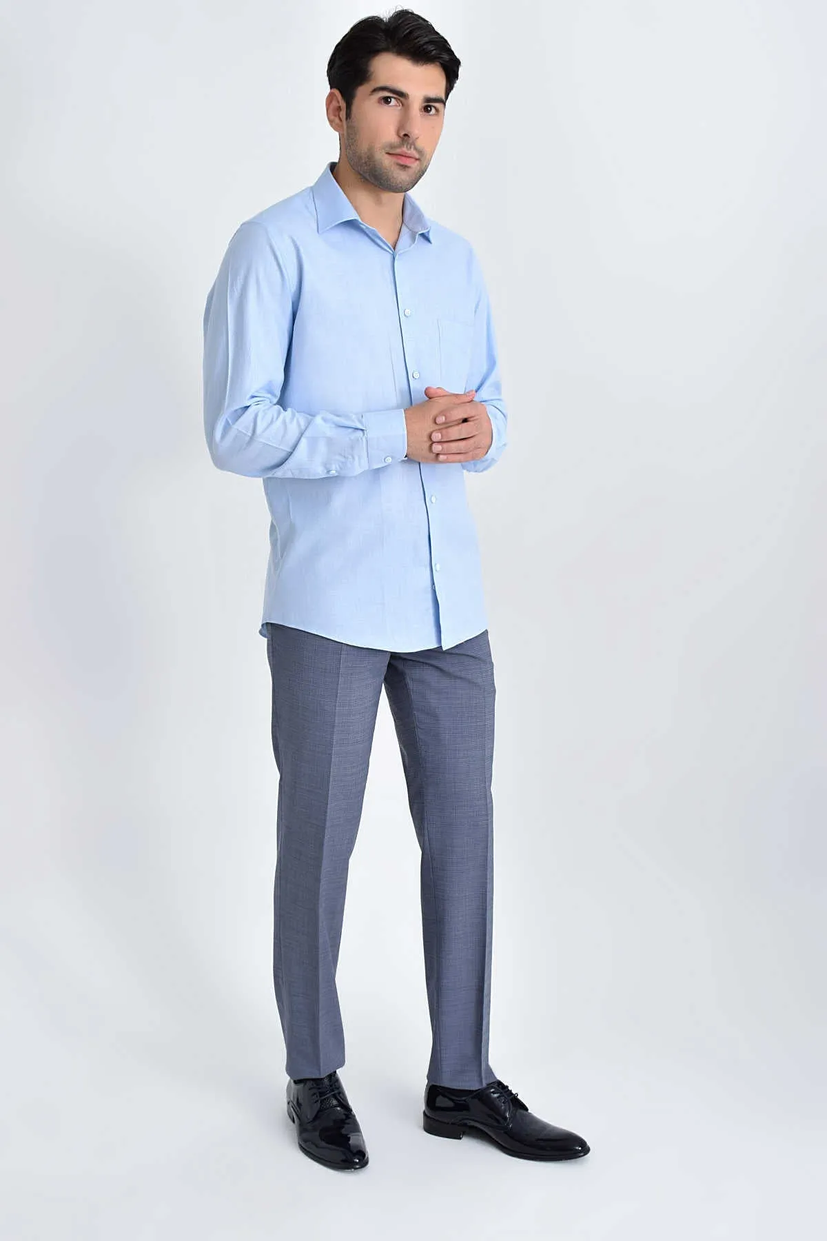 Classic Fit Long Sleeve Plain Cotton Blue Dress Shirt