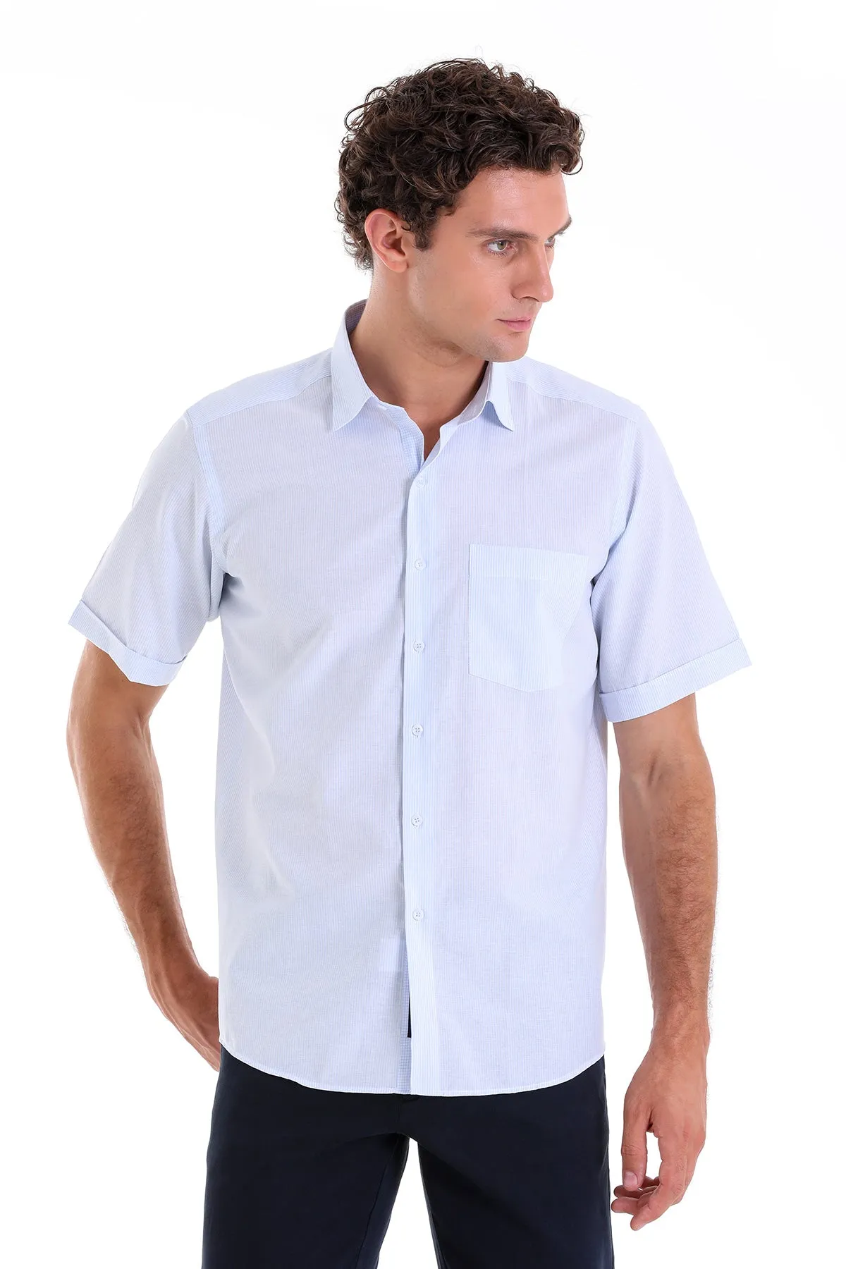 Comfort Fit Striped Cotton Blend Light Blue Dress Shirt