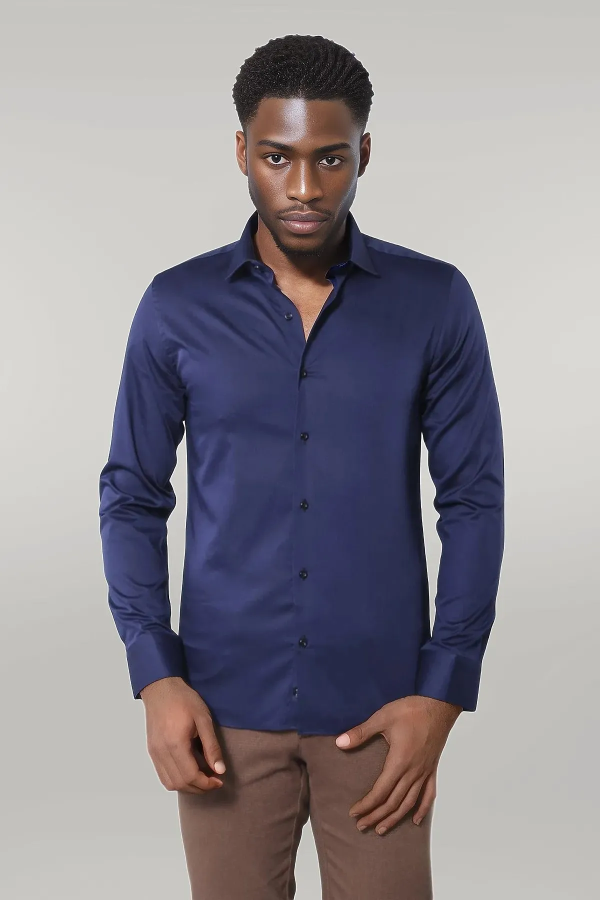 Cotton Satin Slim Fit Navy Blue Men Shirt - Wessi