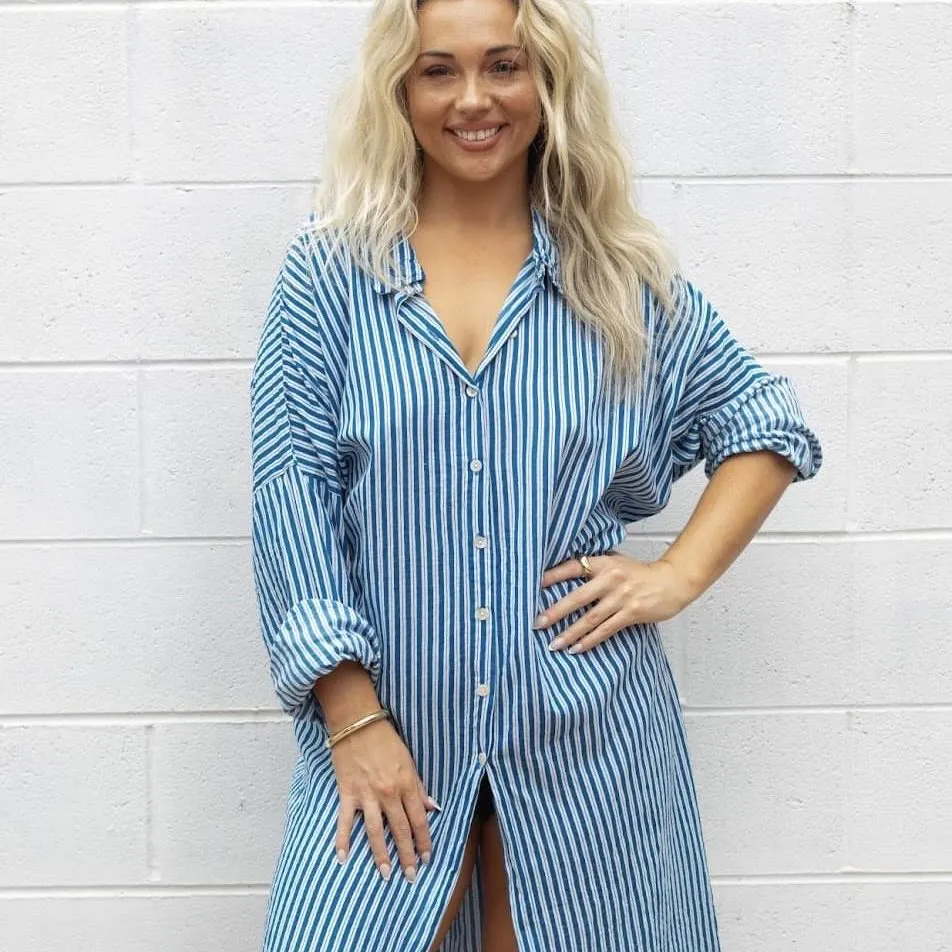 Cotton Shirt Dress – Blue & White