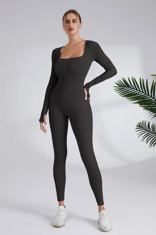 Dark Grey Square Neck Ribbed Long Sleeve Jumpsuit