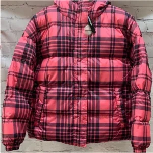 Designer Juicy Couture Day Glo Puffer (Puffy) Pink Tartan Plaid - Fleece Pattern, Large Hooded Jacket