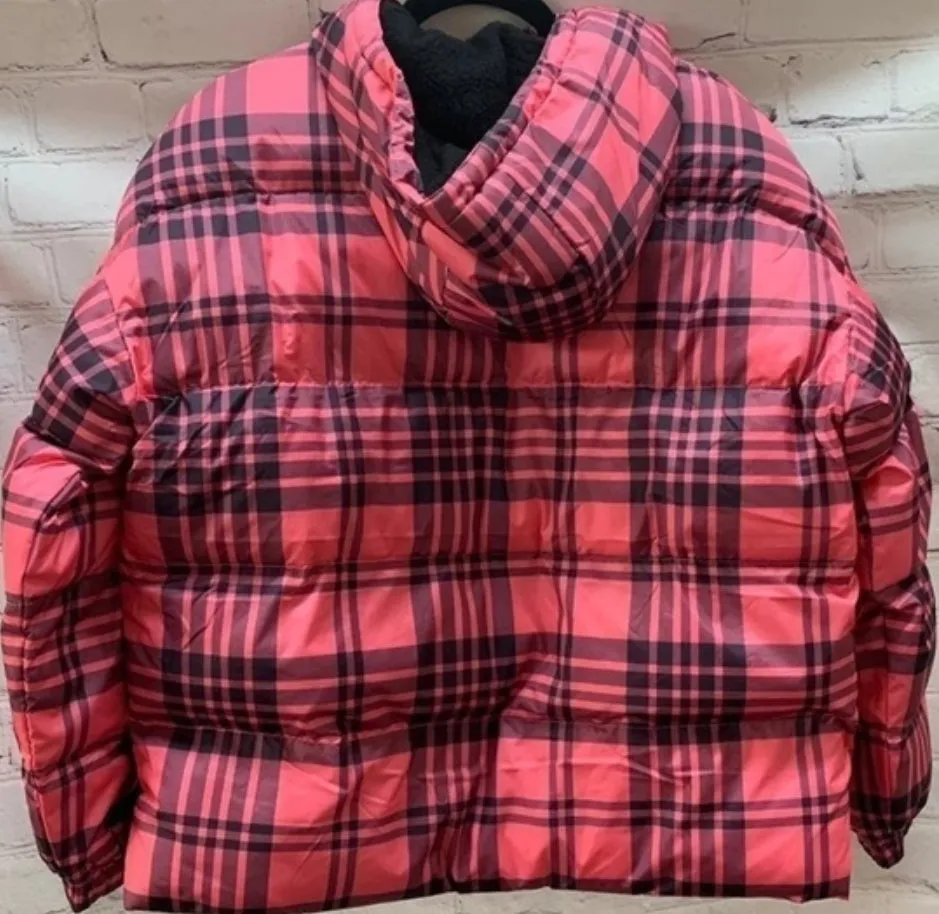 Designer Juicy Couture Day Glo Puffer (Puffy) Pink Tartan Plaid - Fleece Pattern, Large Hooded Jacket