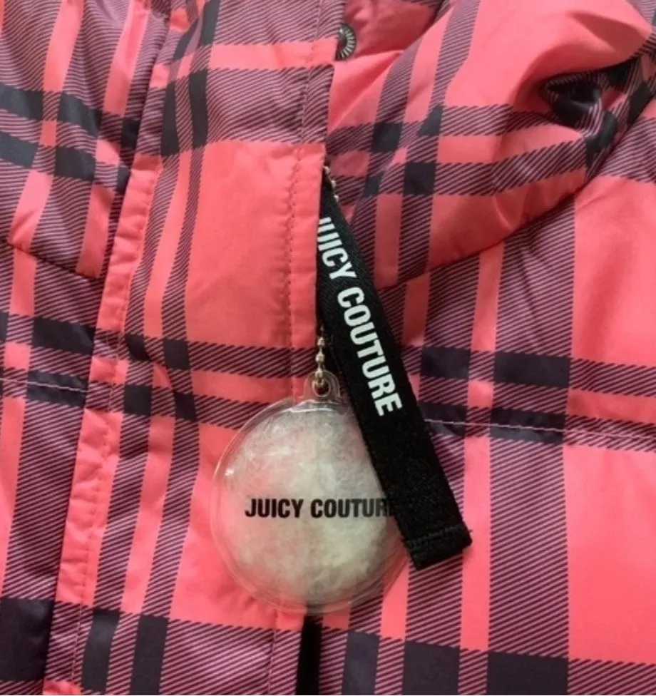 Designer Juicy Couture Day Glo Puffer (Puffy) Pink Tartan Plaid - Fleece Pattern, Large Hooded Jacket