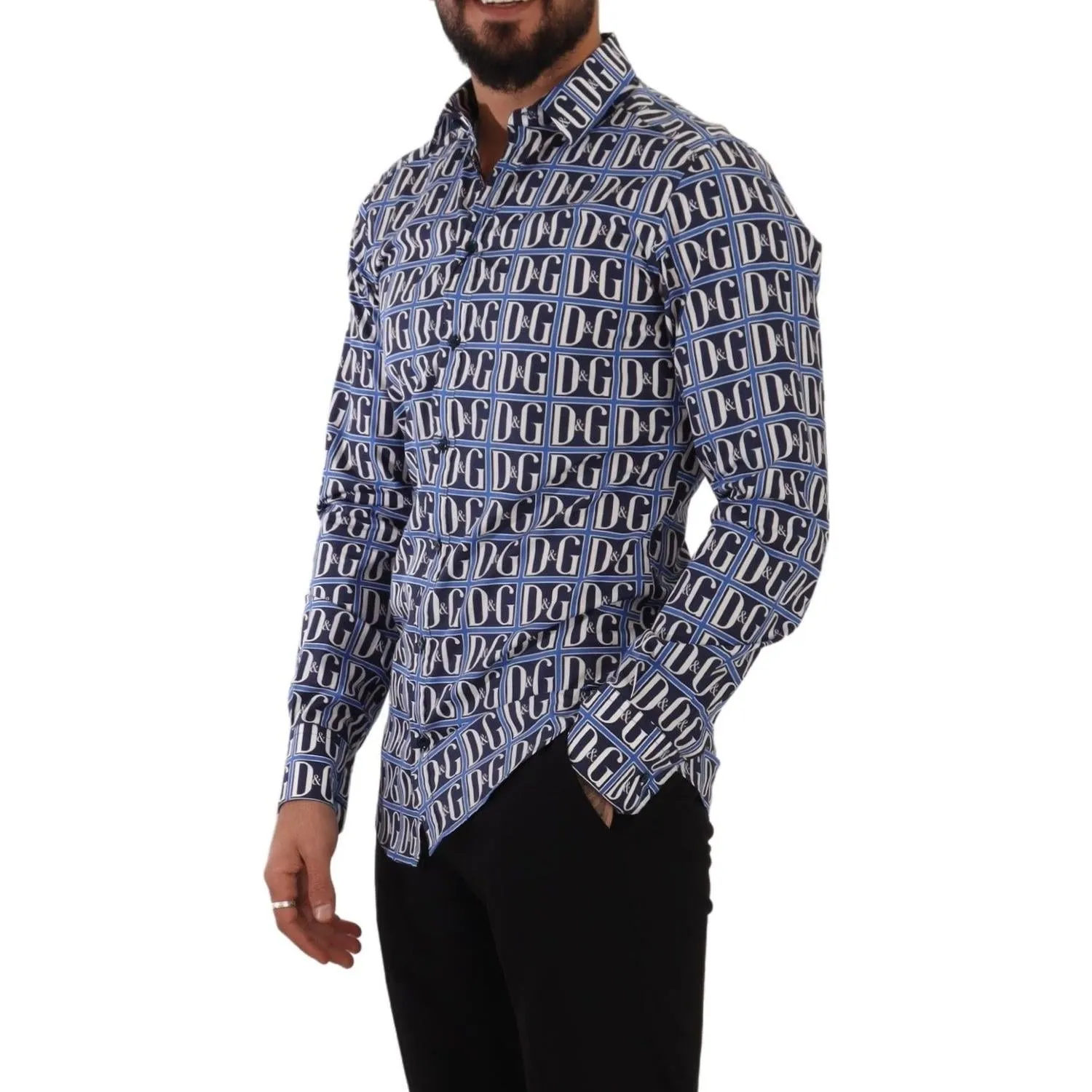 Dolce & Gabbana Slim Fit Blue Logo Cotton Shirt