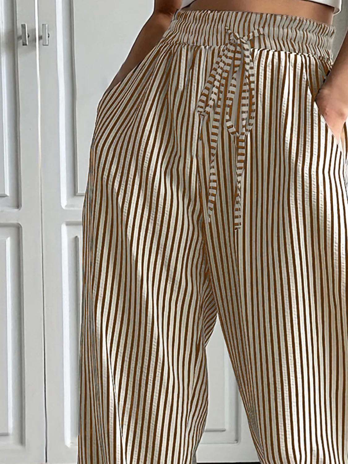 Drawstring Striped Elastic Waist Pants