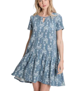 Elephant Block Print Dress - Blue