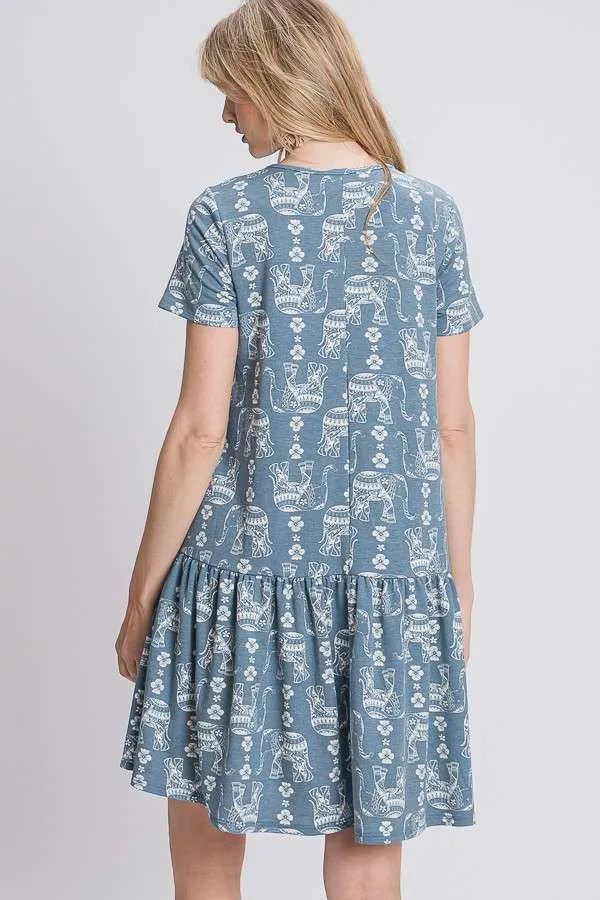 Elephant Block Print Dress - Blue