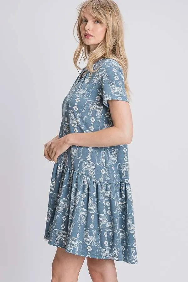 Elephant Block Print Dress - Blue