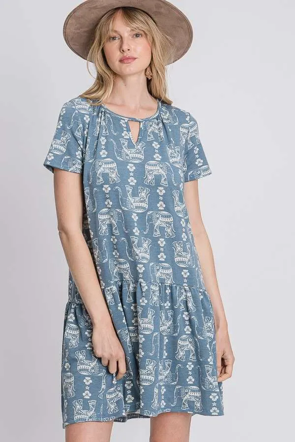 Elephant Block Print Dress - Blue