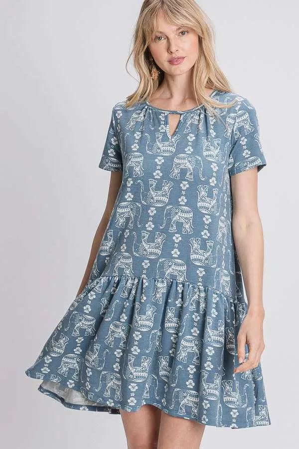 Elephant Block Print Dress - Blue