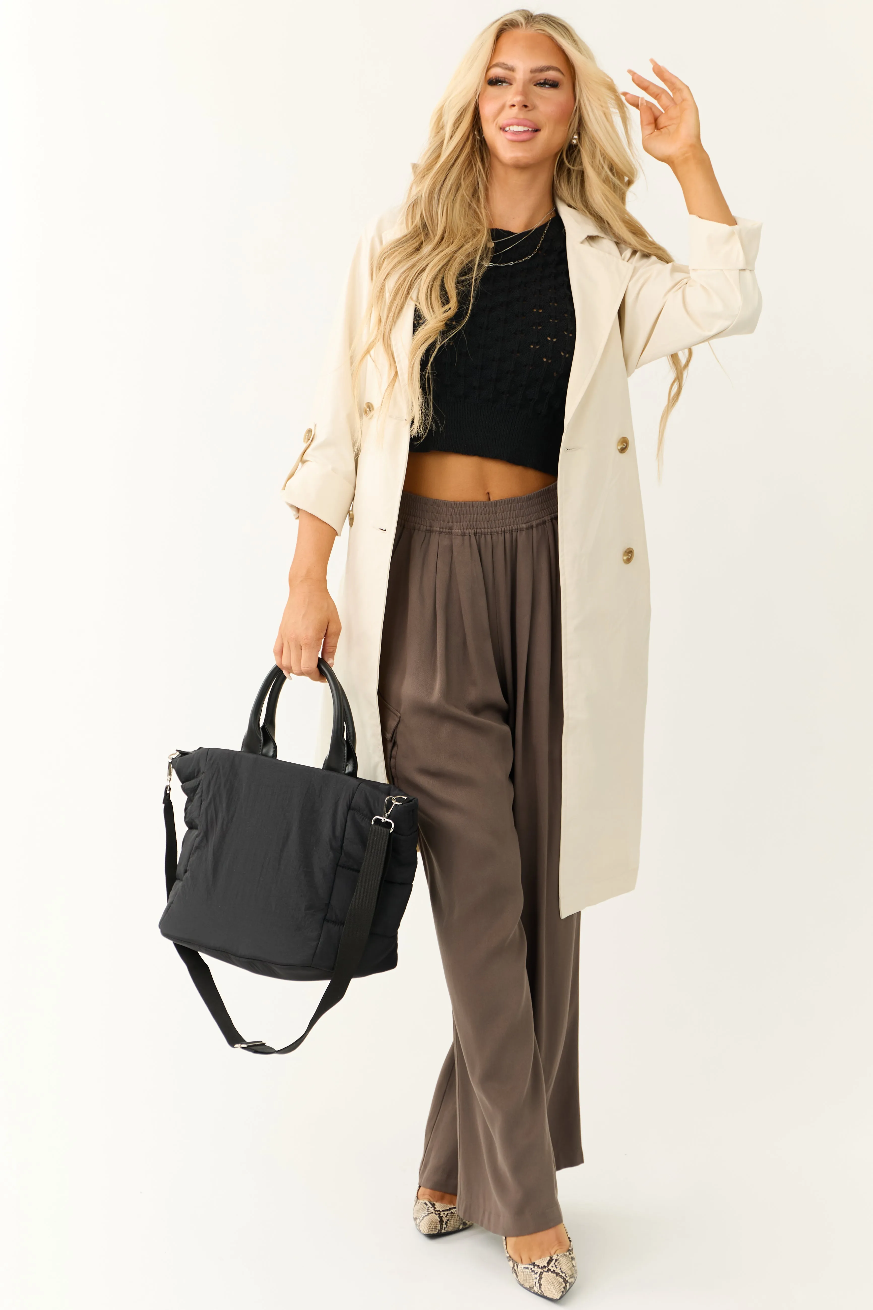 Espresso Wide Leg Smocked Waist Cargo Pants