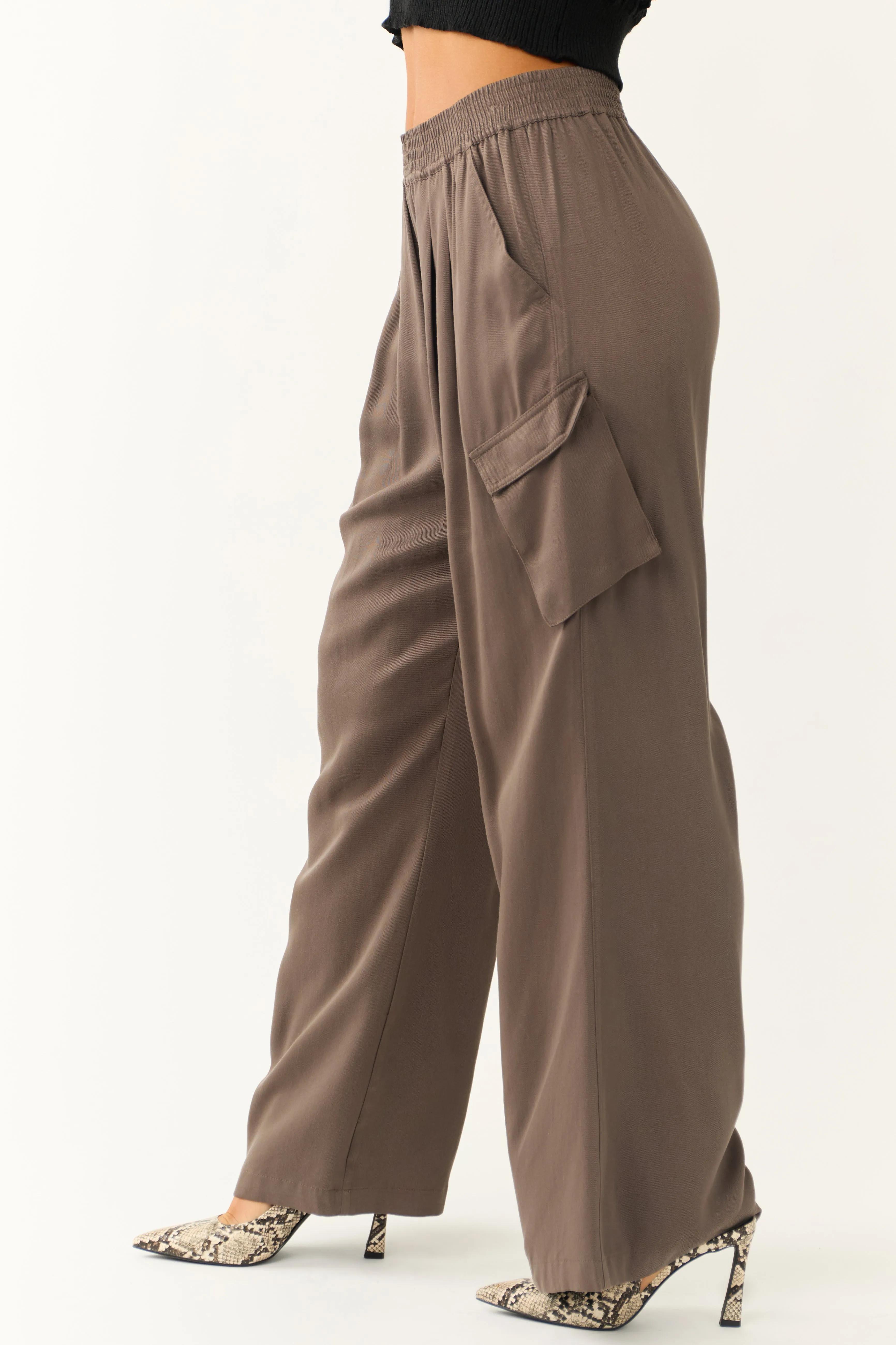 Espresso Wide Leg Smocked Waist Cargo Pants