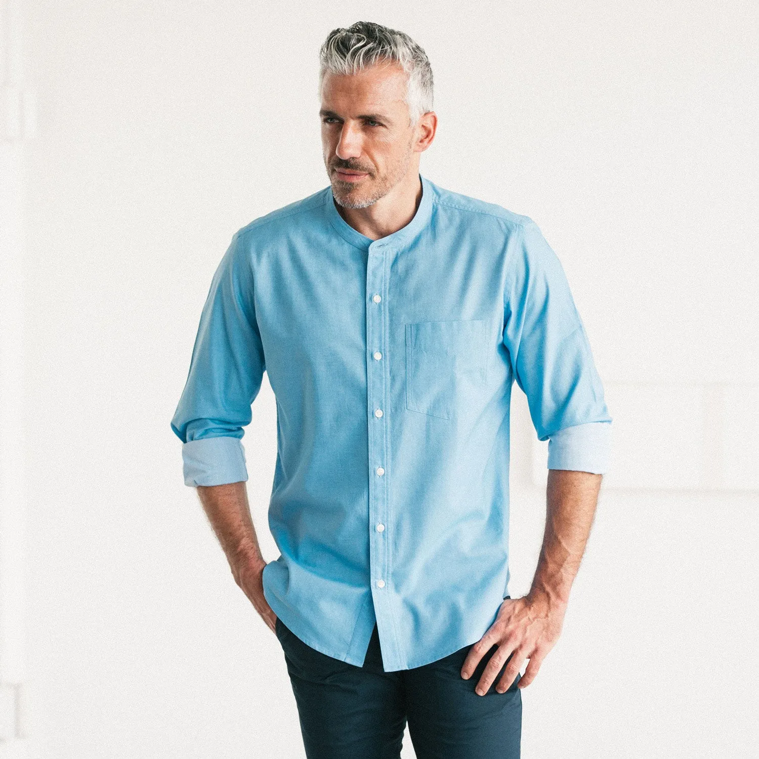 Essential Band Collar 1 Pocket Button Down Shirt - Pacific Blue Cotton Twill