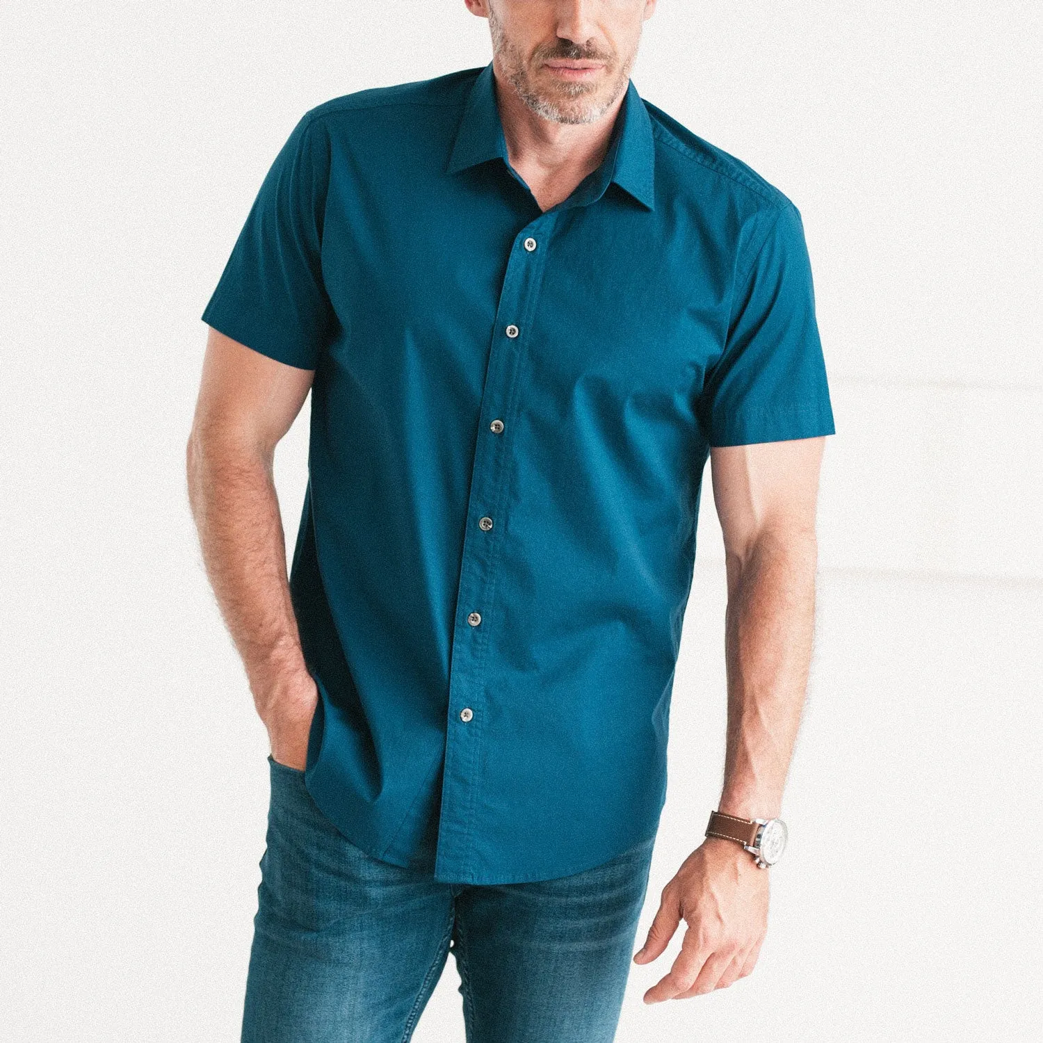 Essential Spread Collar Casual Short Sleeve Shirt - Cobalt Blue Stretch Cotton Poplin