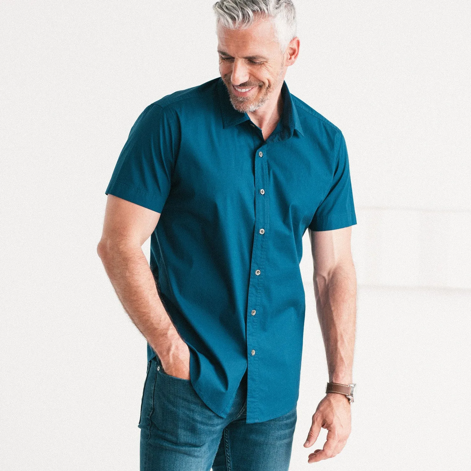 Essential Spread Collar Casual Short Sleeve Shirt - Cobalt Blue Stretch Cotton Poplin