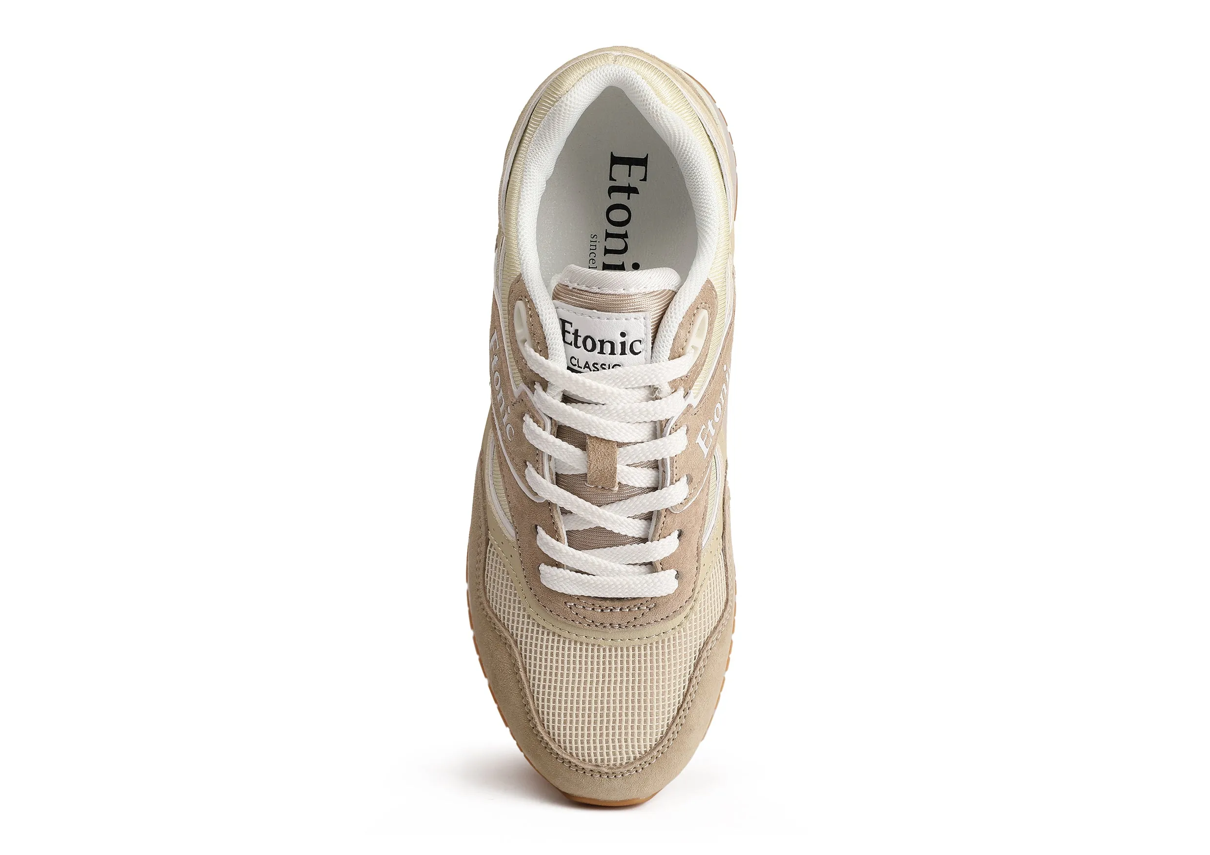 Etonic Stable Base sneakers in beige mesh fabric, dark beige suede with multi-layer beige leather inserts, white midsole and light honey bottom outsole.