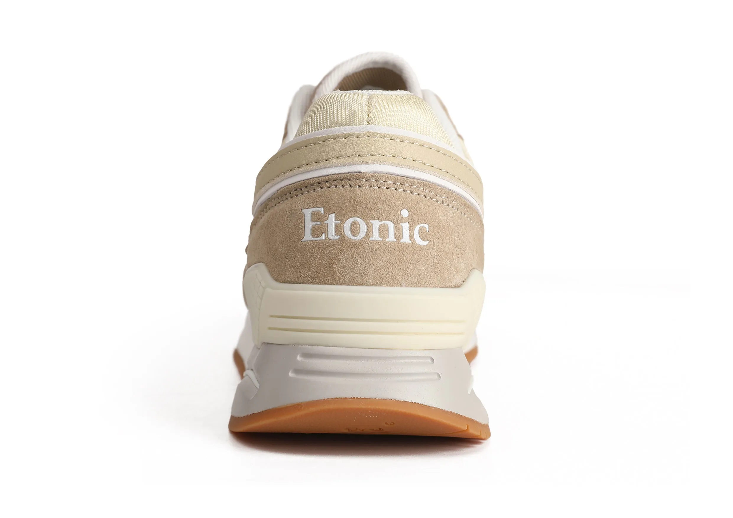 Etonic Stable Base sneakers in beige mesh fabric, dark beige suede with multi-layer beige leather inserts, white midsole and light honey bottom outsole.