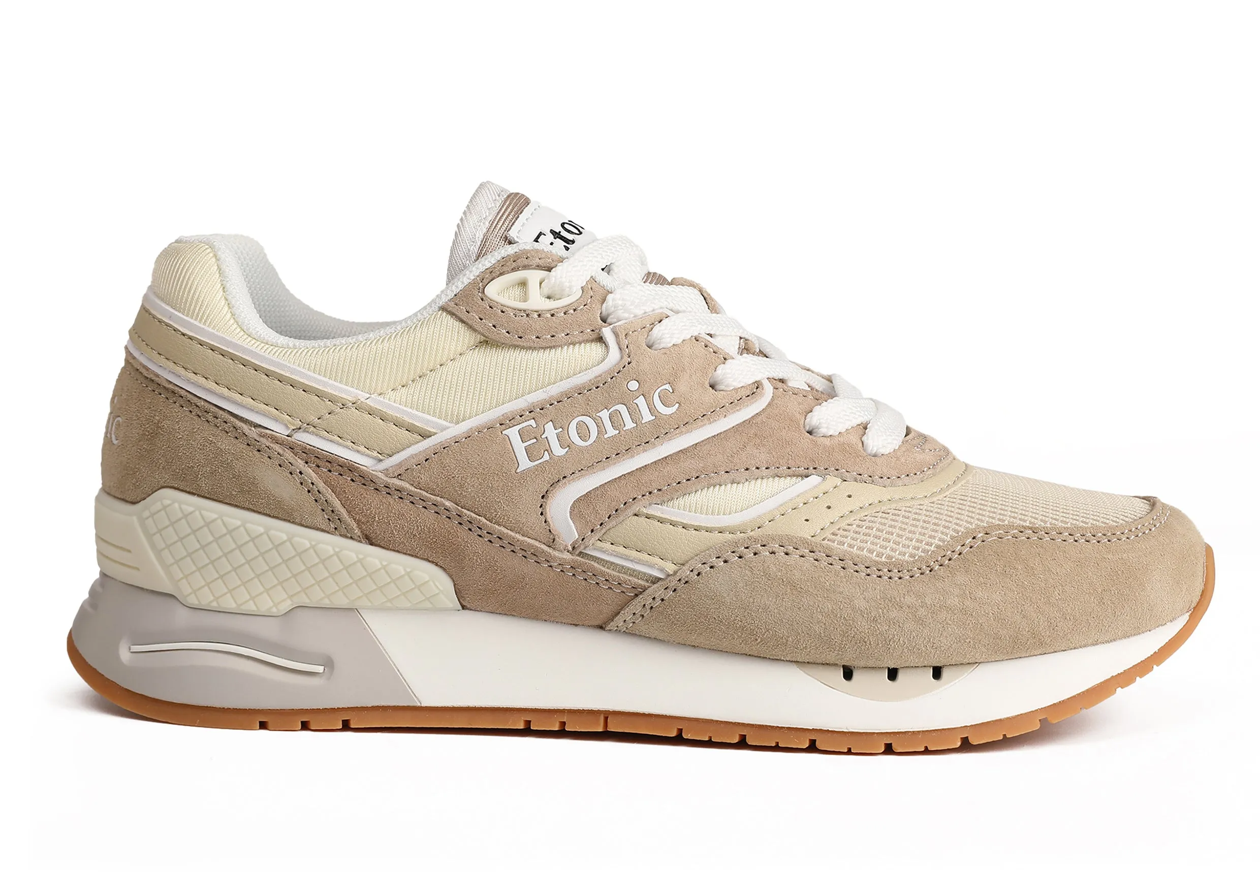 Etonic Stable Base sneakers in beige mesh fabric, dark beige suede with multi-layer beige leather inserts, white midsole and light honey bottom outsole.