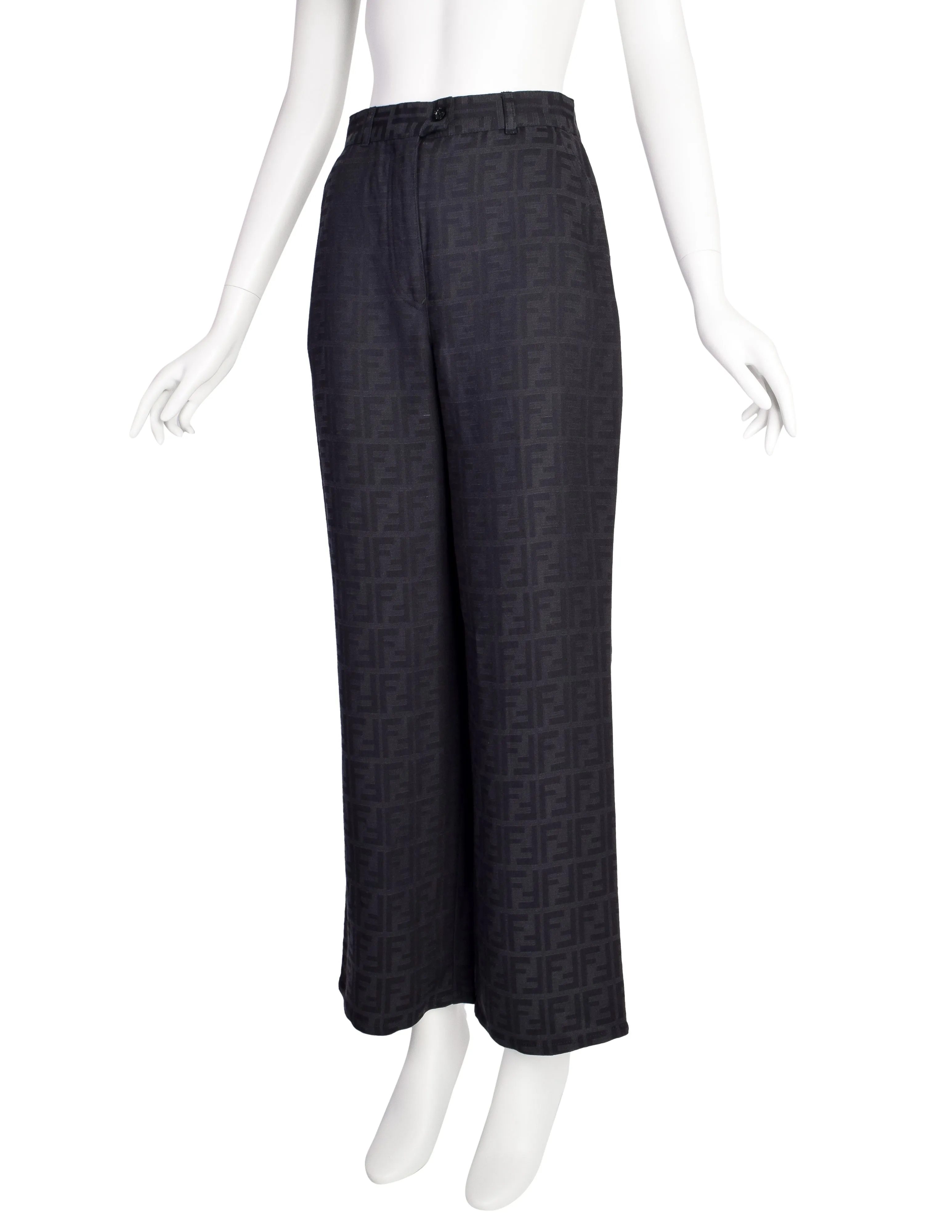 Fendi Vintage Black Zucca Logo Monogram Linen Jacquard Wide Leg Pants