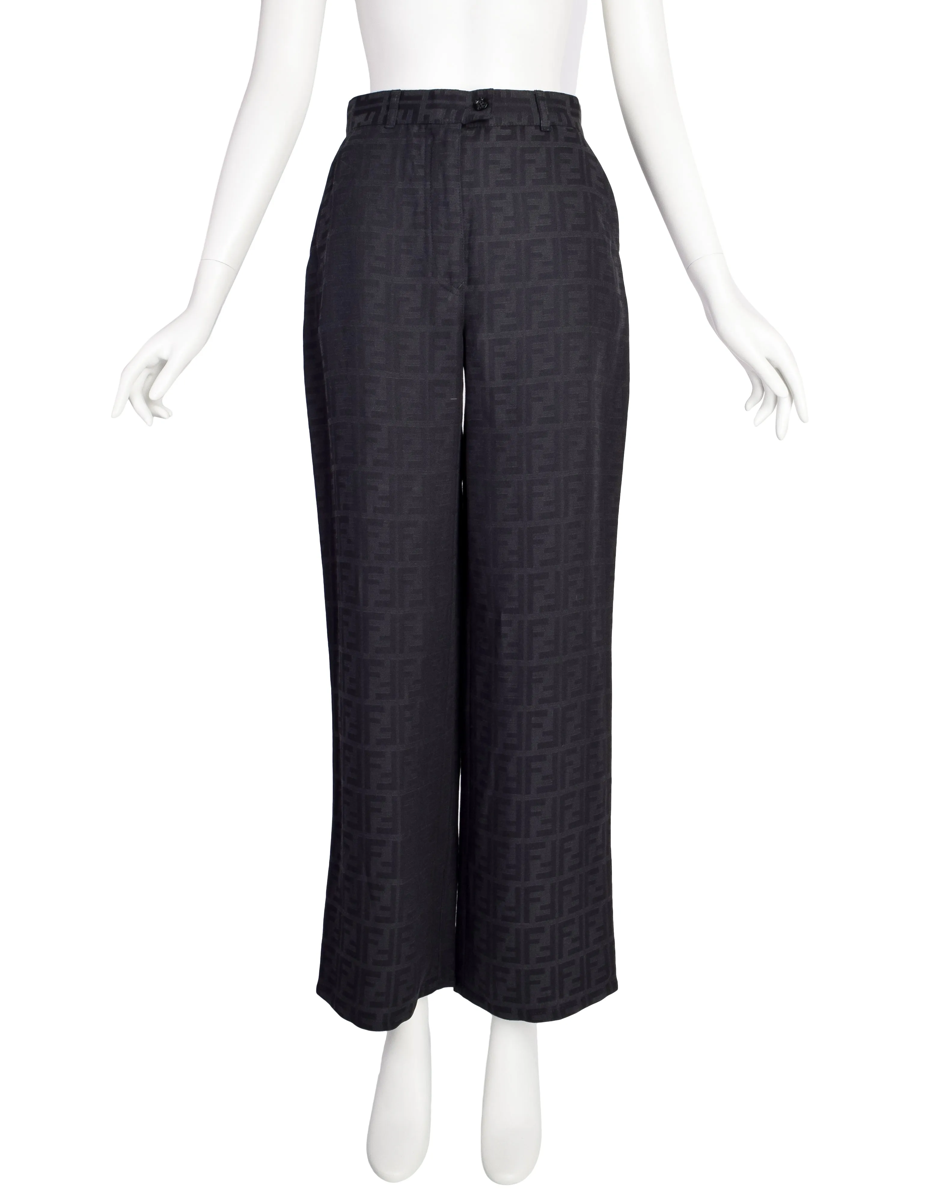 Fendi Vintage Black Zucca Logo Monogram Linen Jacquard Wide Leg Pants