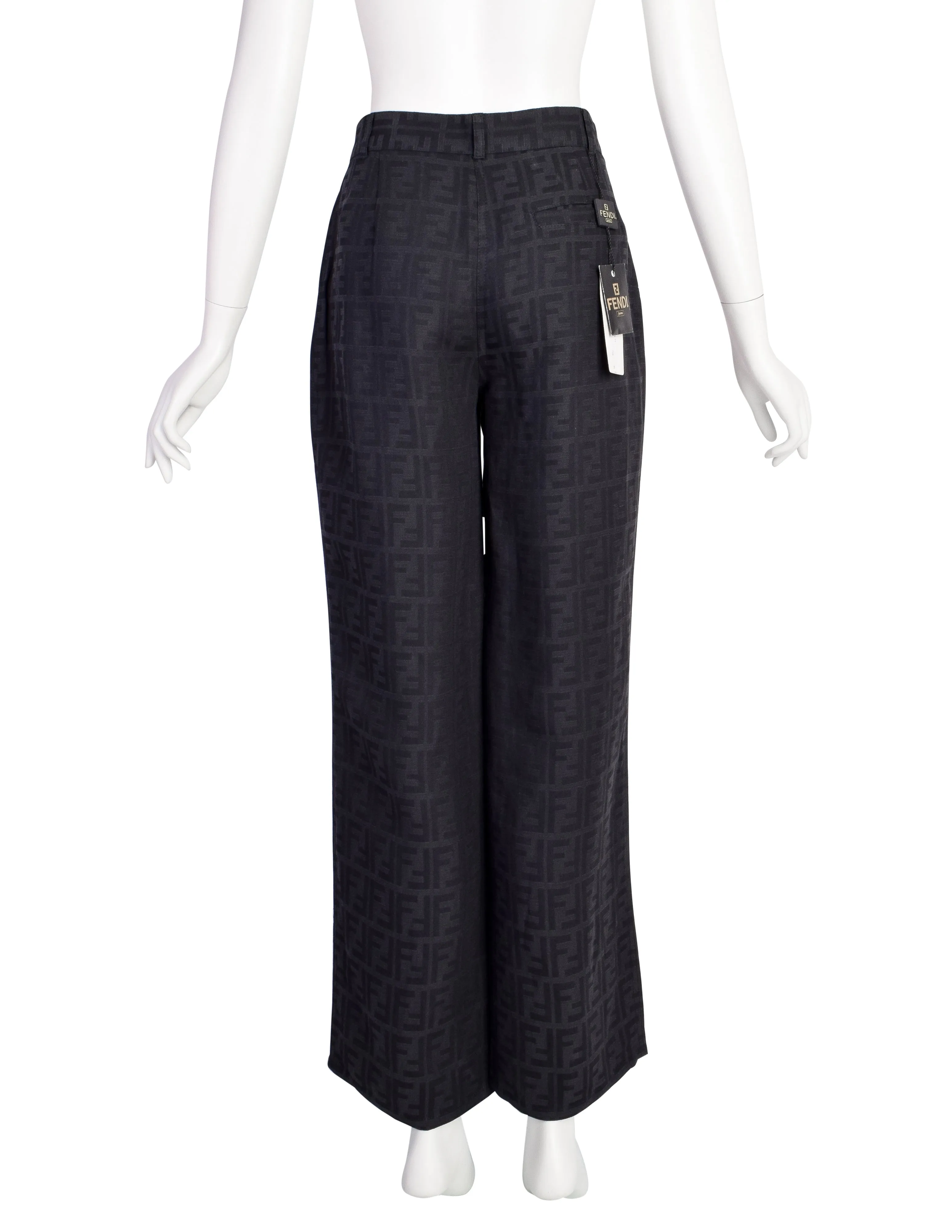 Fendi Vintage Black Zucca Logo Monogram Linen Jacquard Wide Leg Pants