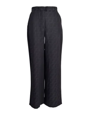 Fendi Vintage Black Zucca Logo Monogram Linen Jacquard Wide Leg Pants