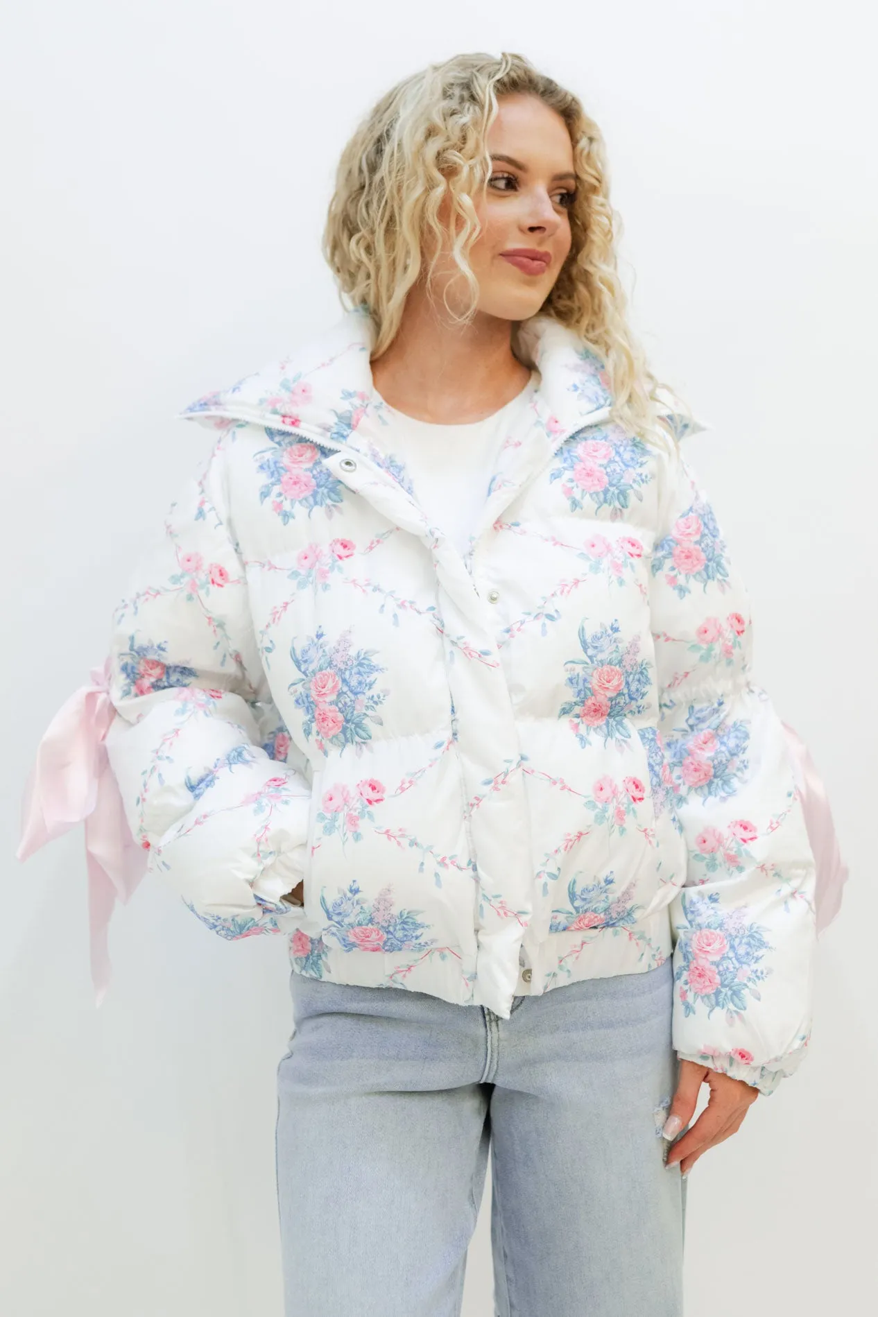 Floral Marshmallow Puffer Jacket - White