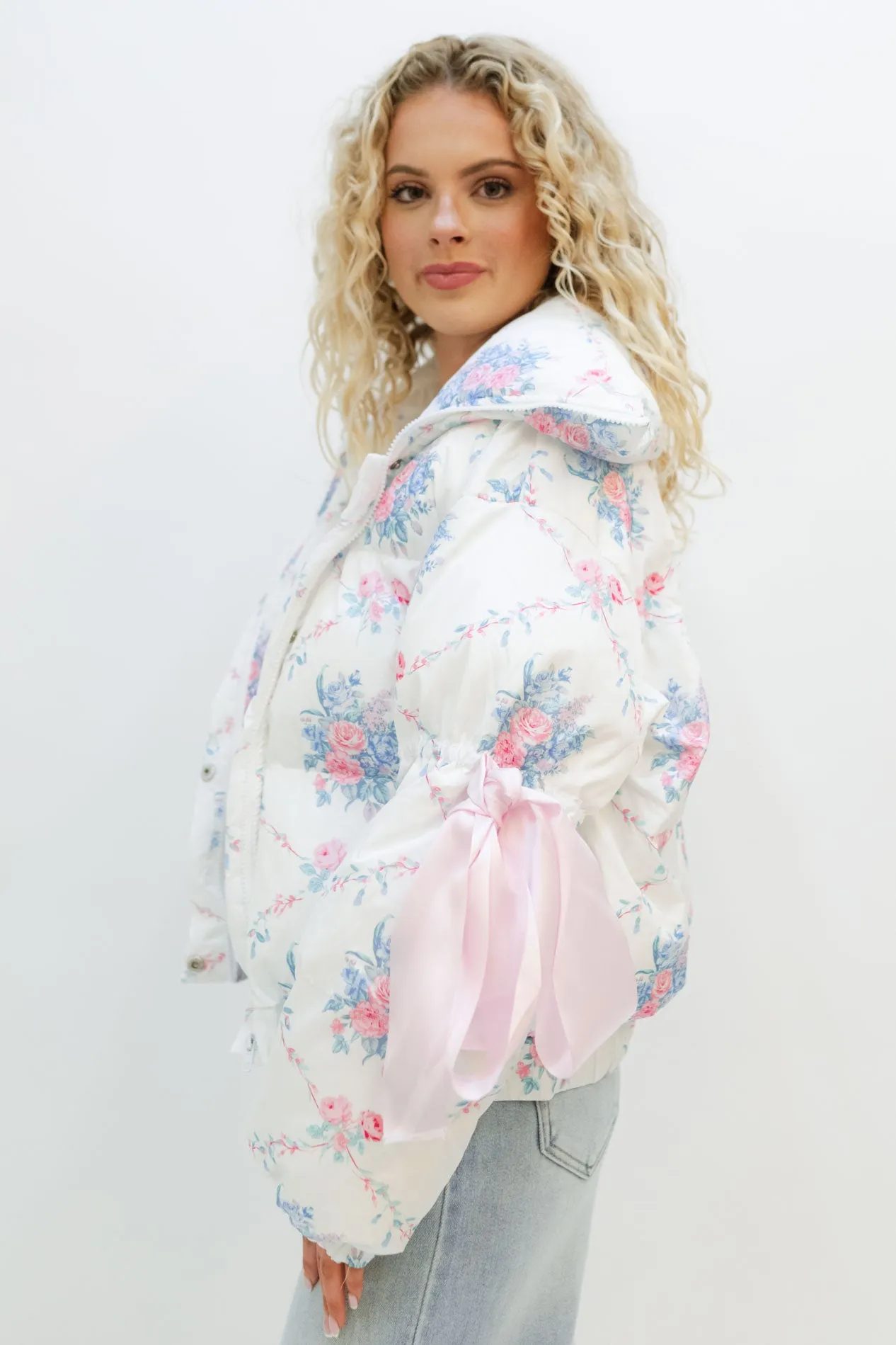 Floral Marshmallow Puffer Jacket - White