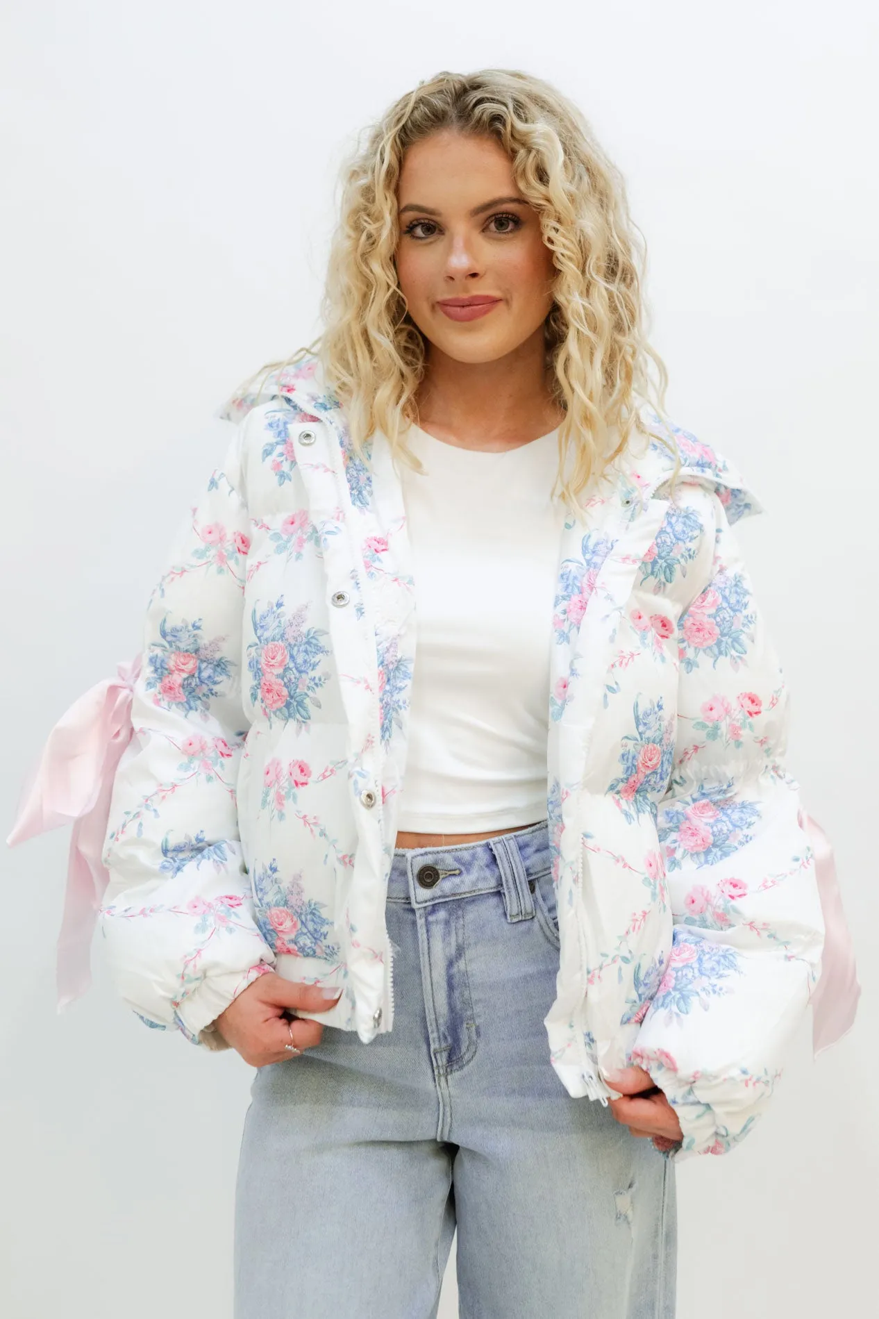 Floral Marshmallow Puffer Jacket - White